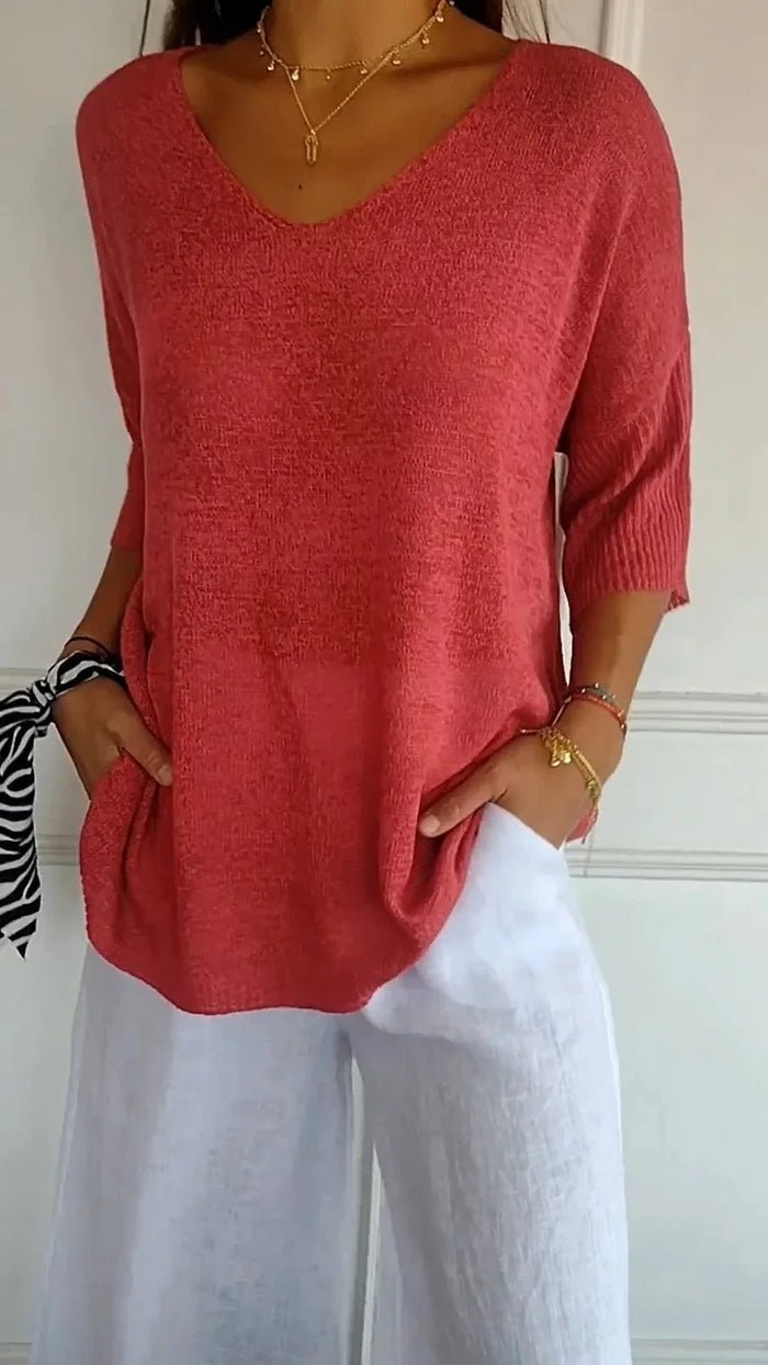 Juna – Elegant V - Neck Knitted Top - Tops - Flaro