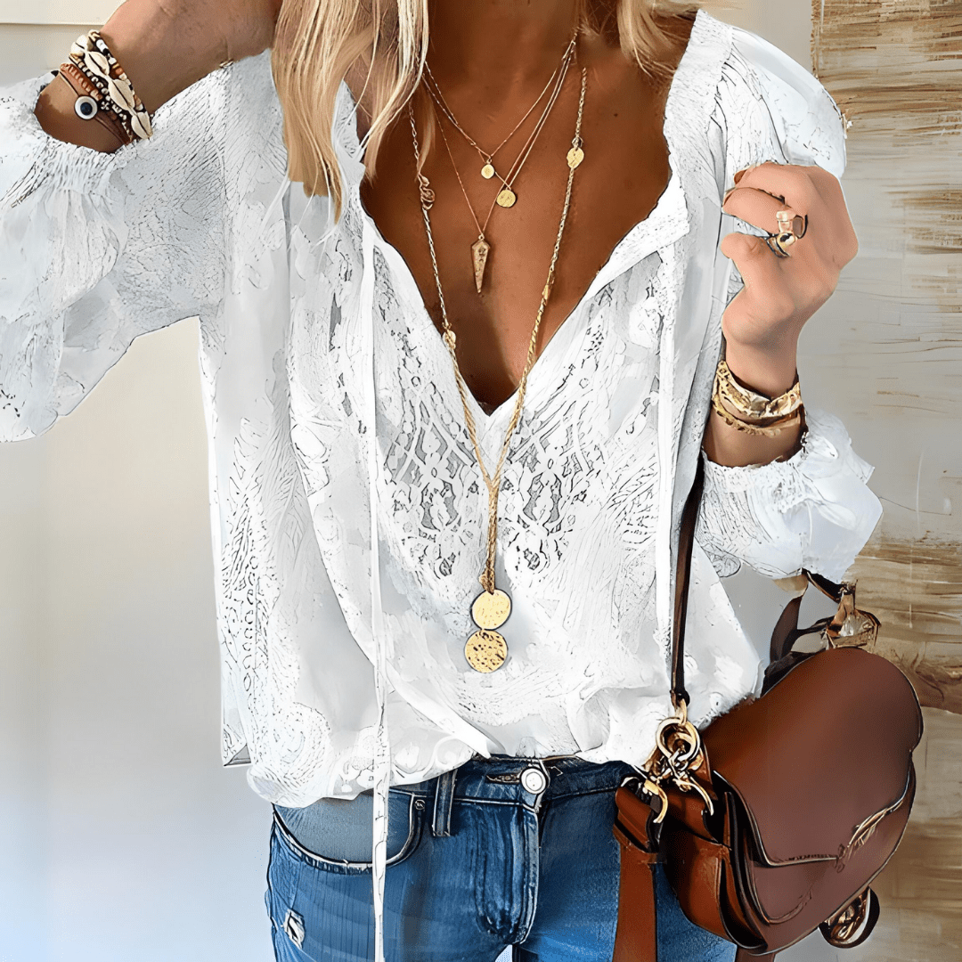 Katrin – Elegant Crocheted Boho Blouse - White - S