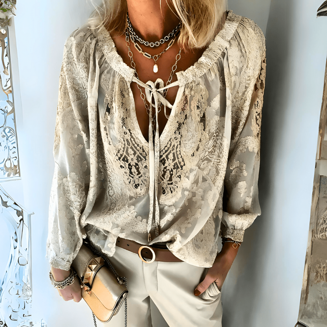 Katrin – Elegant Crocheted Boho Blouse - Khaki - S