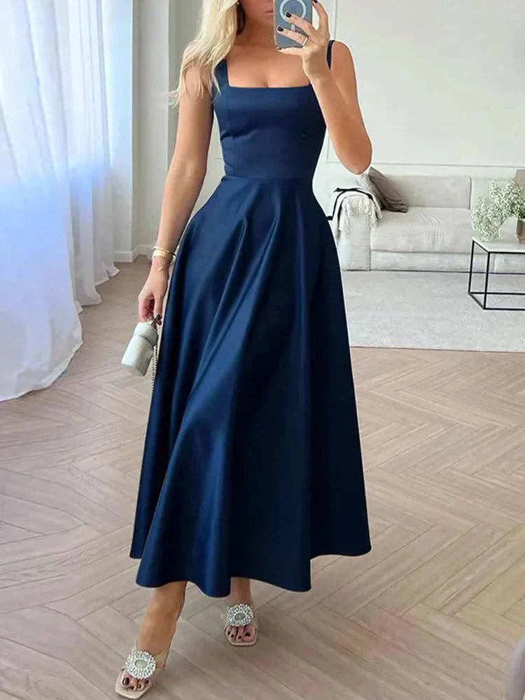 Laila Stylish Satin Midi Dress – Formal A - Line Fit with Spaghetti Straps - Blue - Dress - Flaro