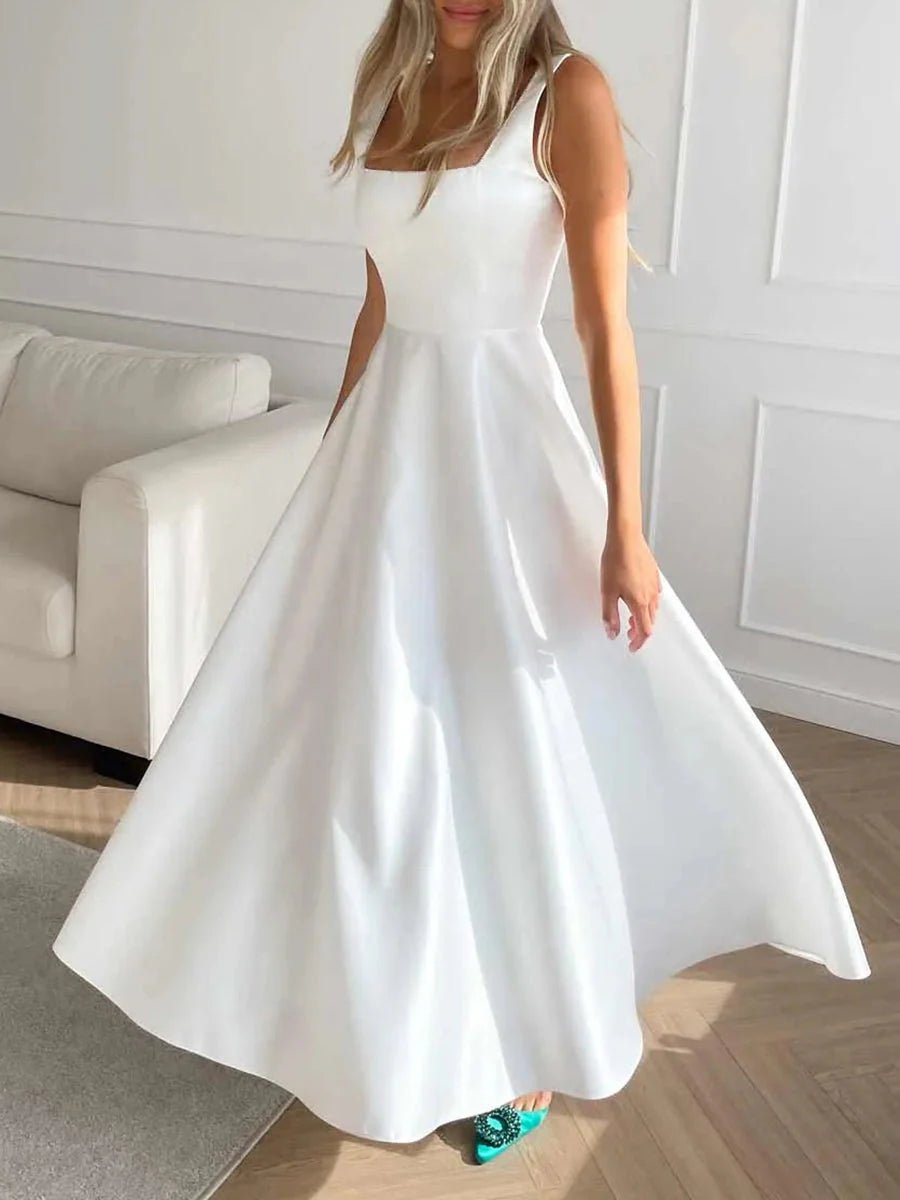 Laila Stylish Satin Midi Dress – Formal A - Line Fit with Spaghetti Straps - White - Dress - Flaro