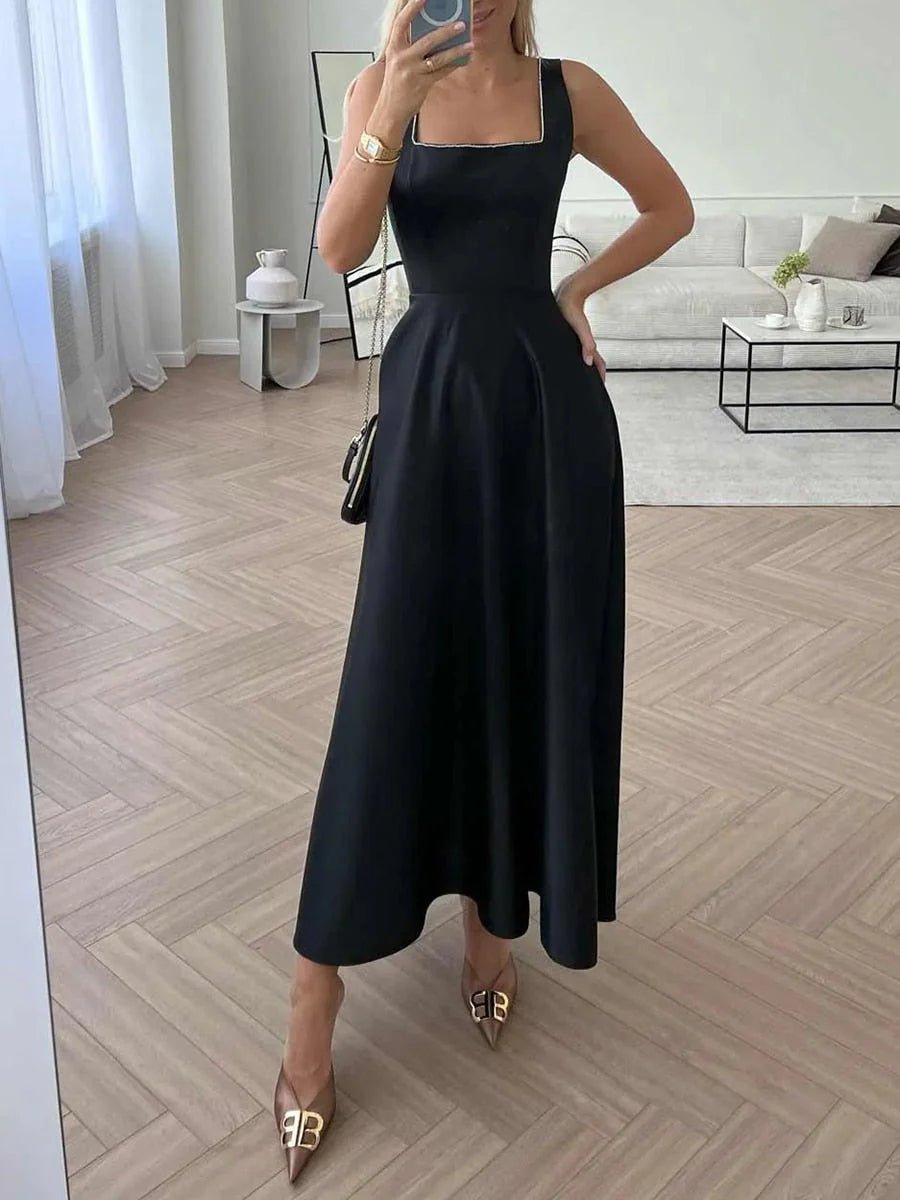 Laila Stylish Satin Midi Dress – Formal A - Line Fit with Spaghetti Straps - Black - Dress - Flaro