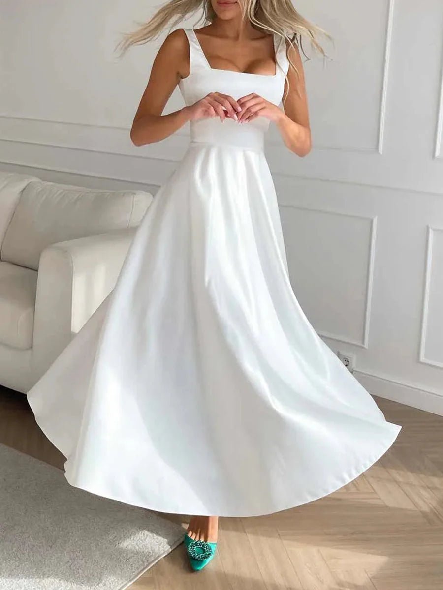Laila Stylish Satin Midi Dress – Formal A - Line Fit with Spaghetti Straps - White - Dress - Flaro