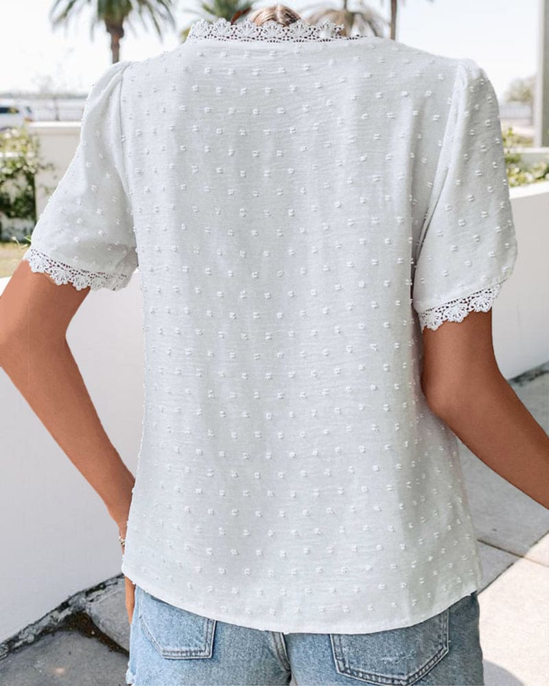 Leona – Elegant V - Neck Lace Blouse - Blouses & Shirts - Flaro