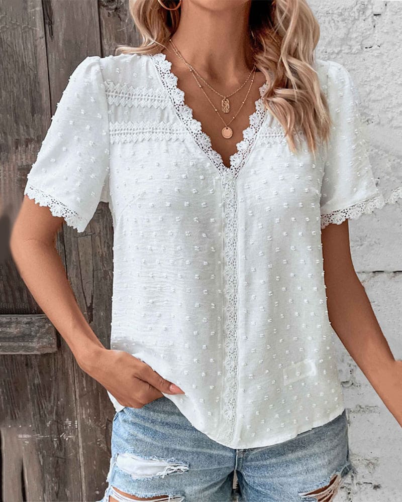 Leona – Elegant V - Neck Lace Blouse - Blouses & Shirts - Flaro