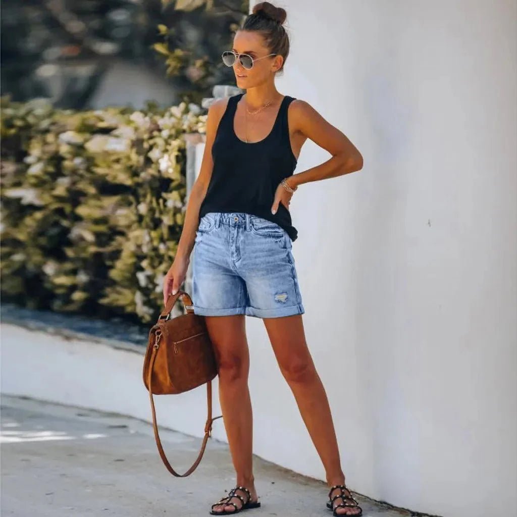 Mara – Elegant High - Waisted Denim Shorts - Shorts - Flaro