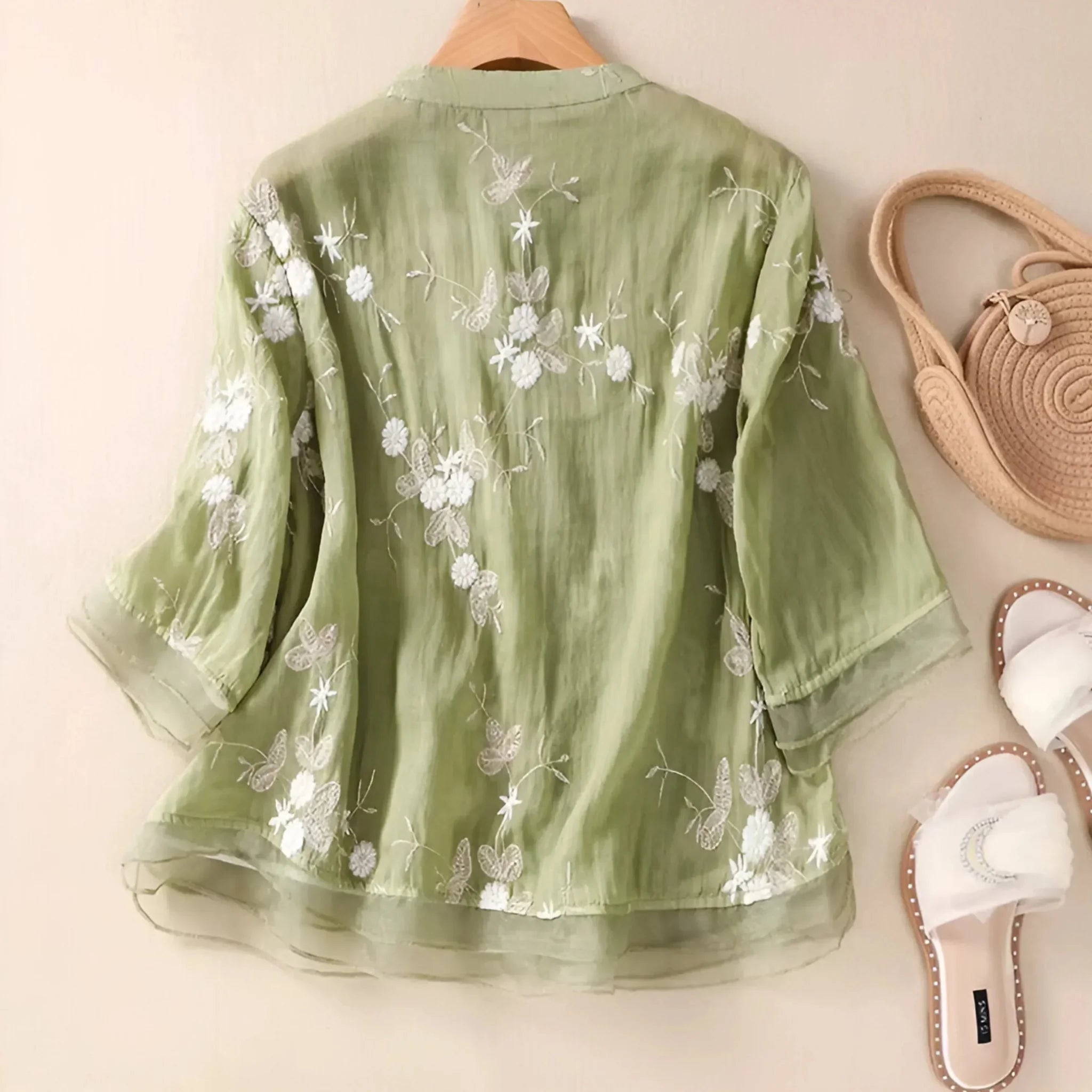 Marie – Elegant Floral Scarf Blouse - Green - M