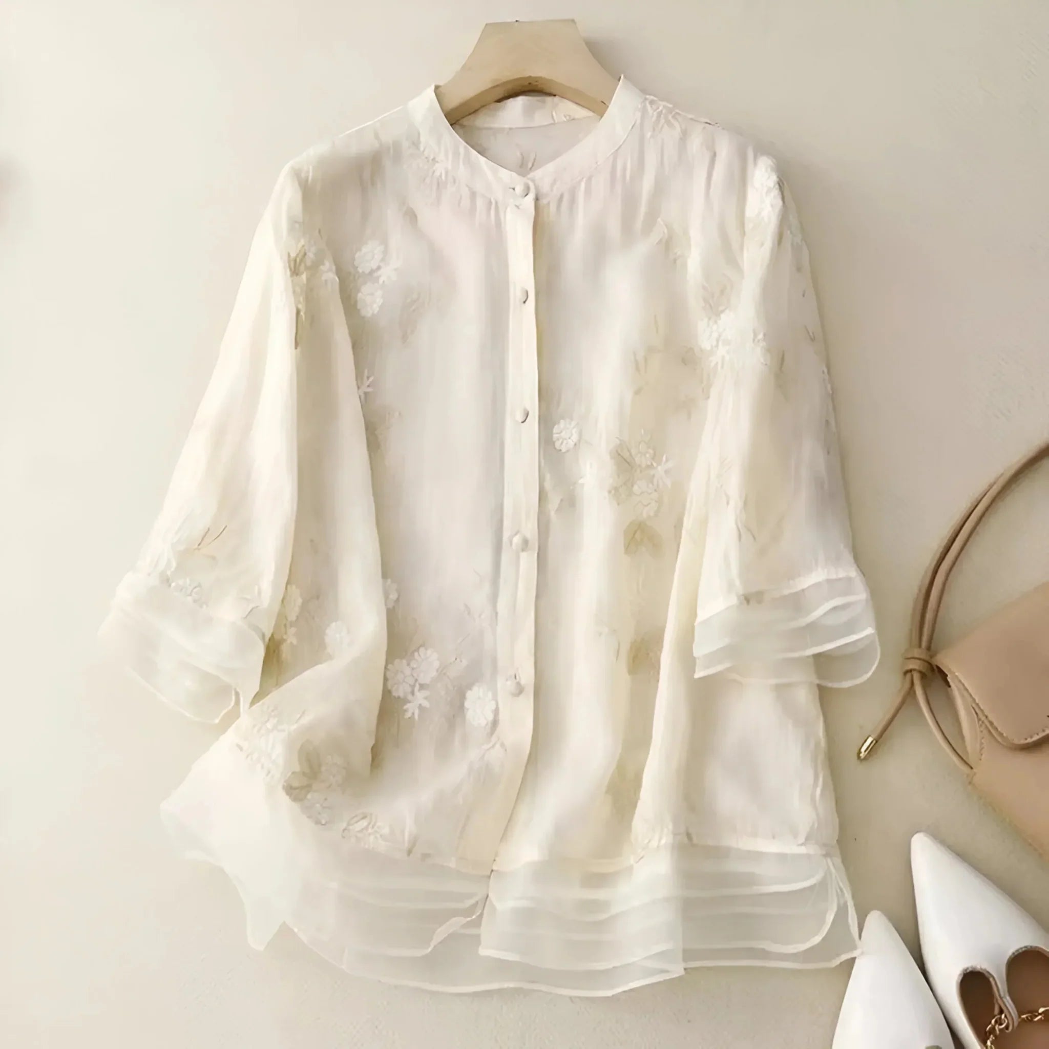 Marie – Elegant Floral Scarf Blouse - Beige - M