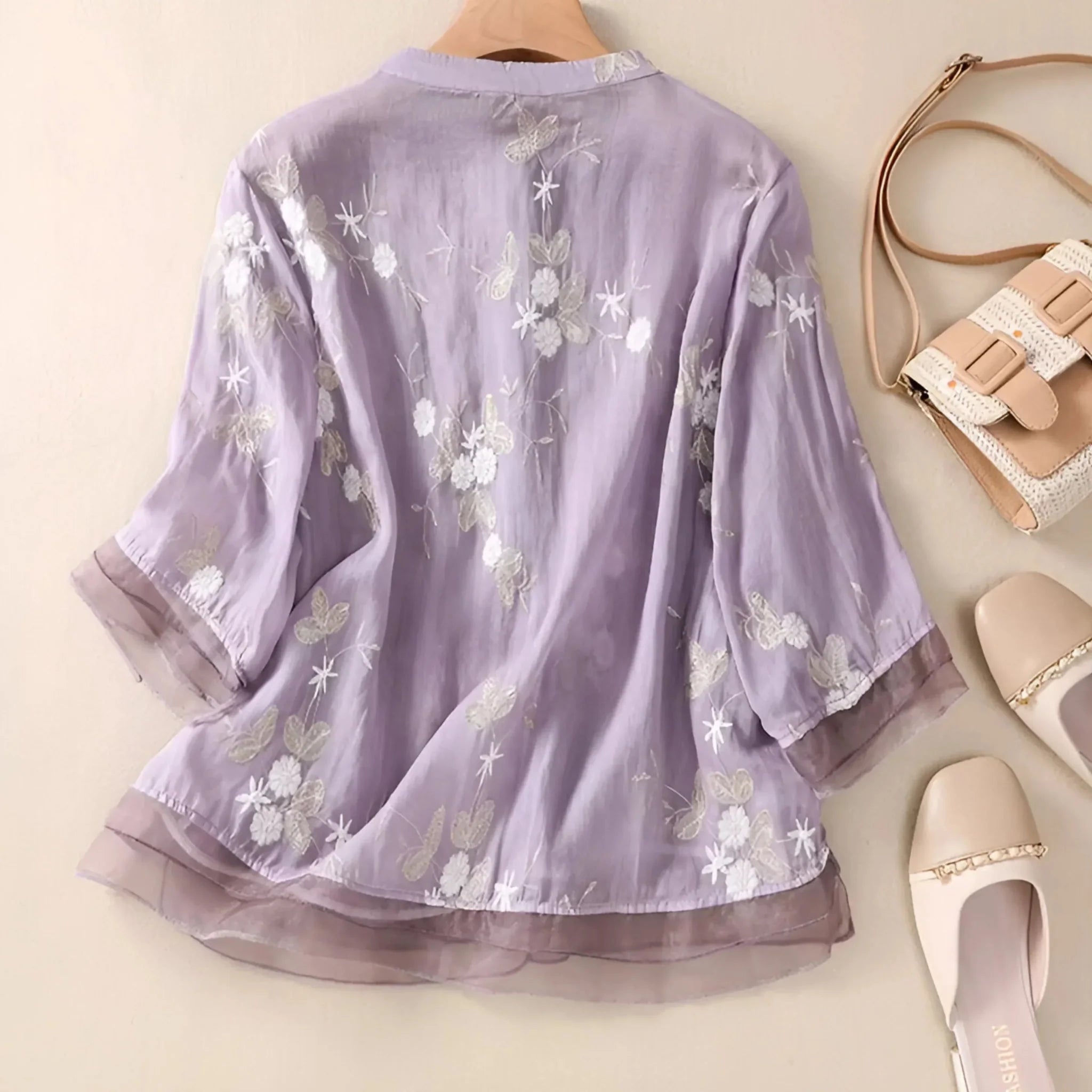 Marie – Elegant Floral Scarf Blouse - Purple - M