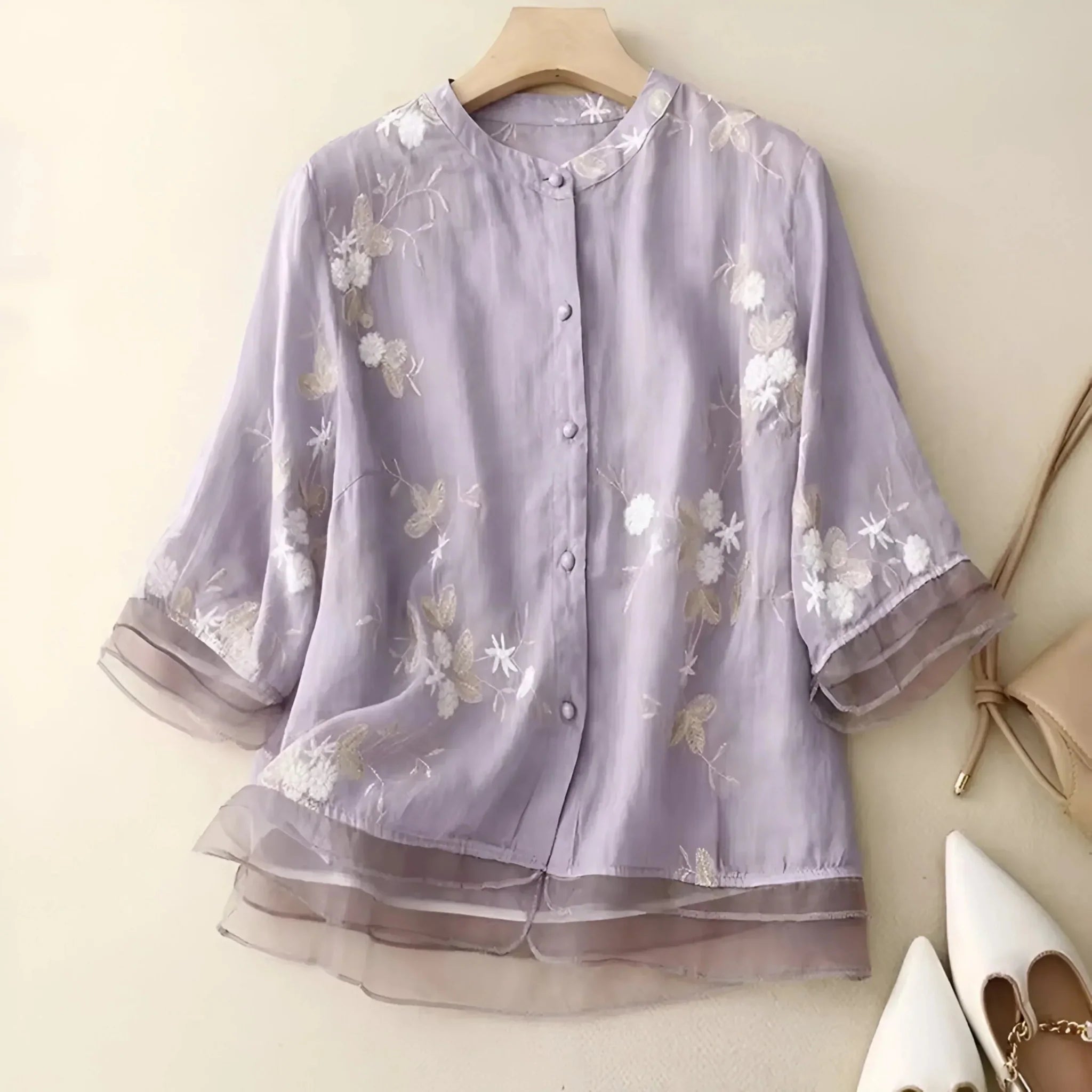 Marie – Elegant Floral Scarf Blouse - Beige - M