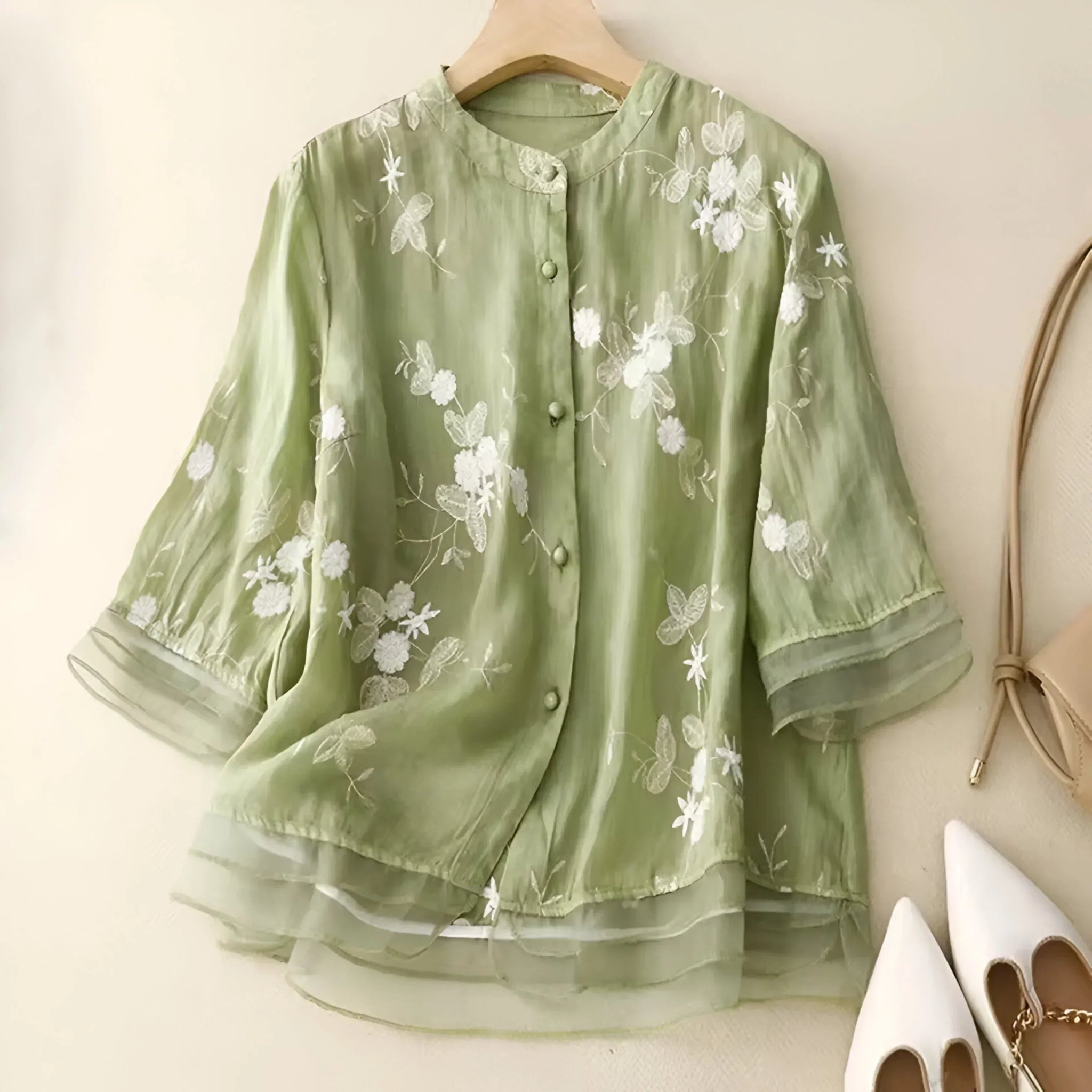 Marie – Elegant Floral Scarf Blouse - Green - M