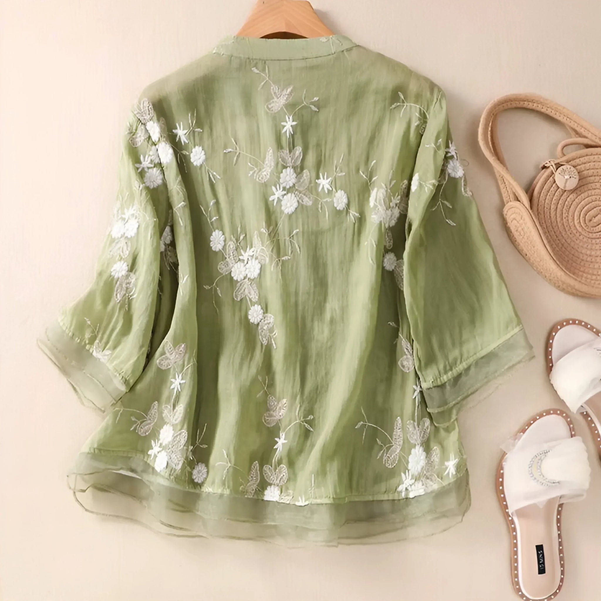 Marie – Elegant Floral Scarf Blouse - Green - M