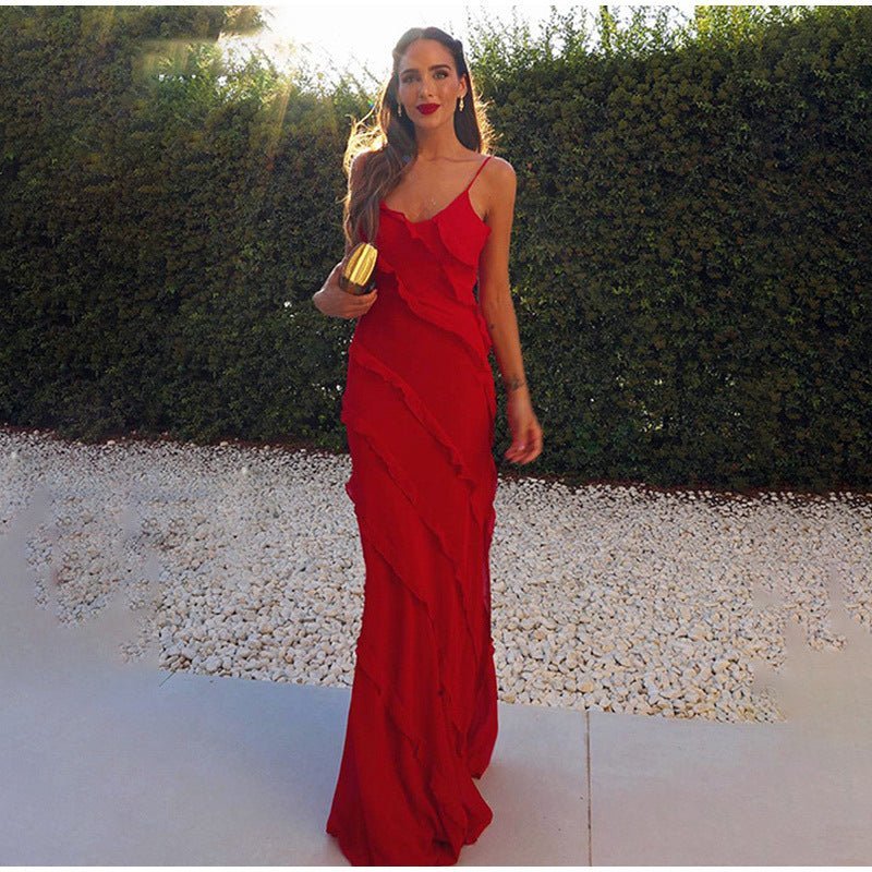 Mia – Elegant Ruffled Dress - Red - S