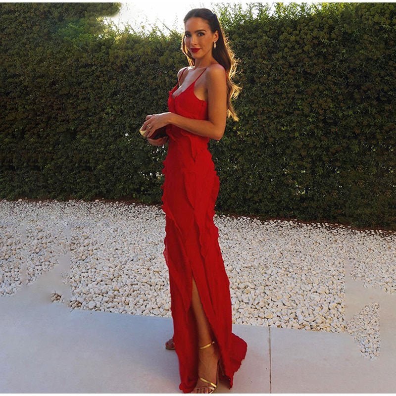Mia – Elegant Ruffled Dress - Red - S