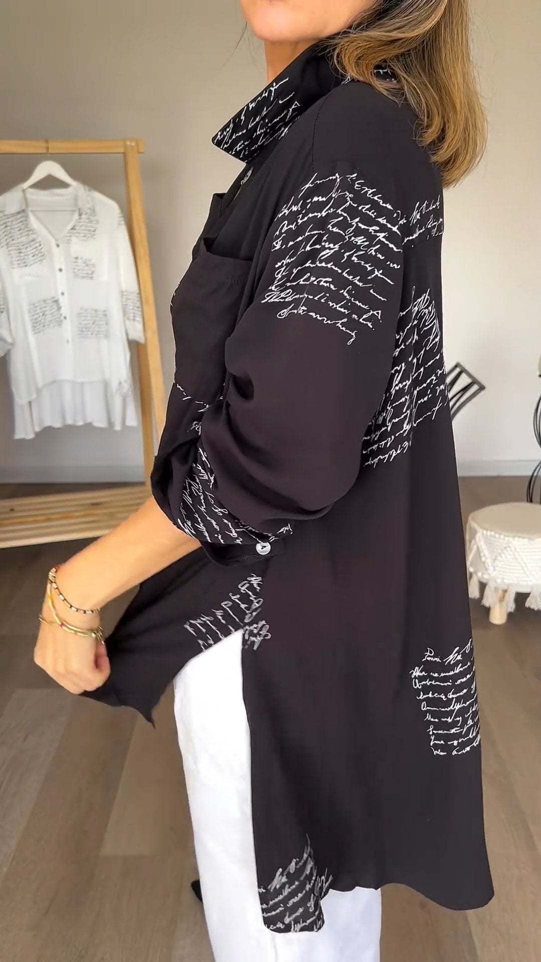 Monika – Stylish Oversized Button - Up Shirt - Black - S