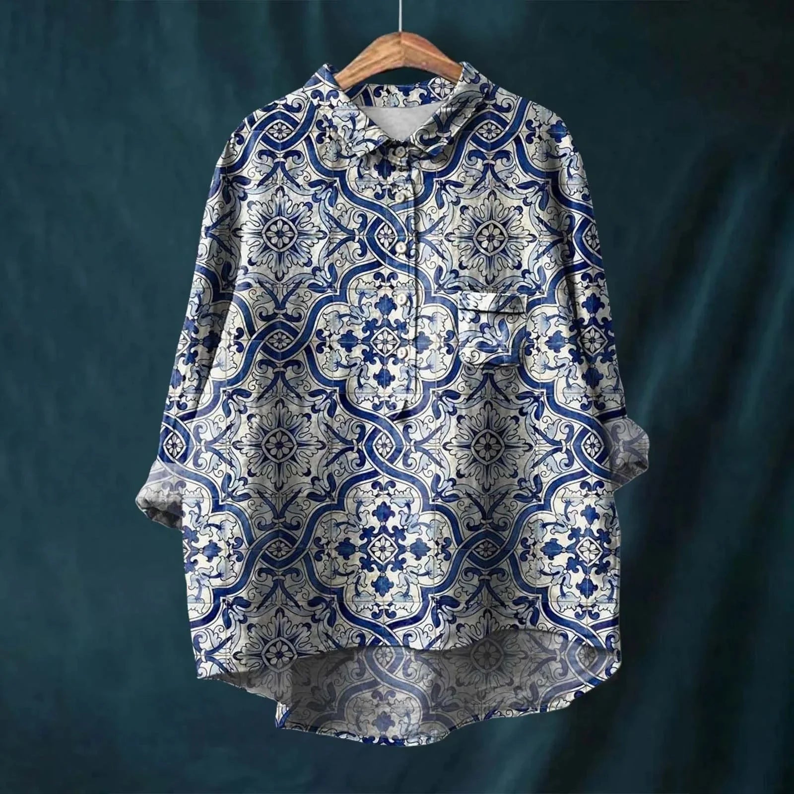 Ninette – Elegant Blouse with Floral Pattern - Blue - S