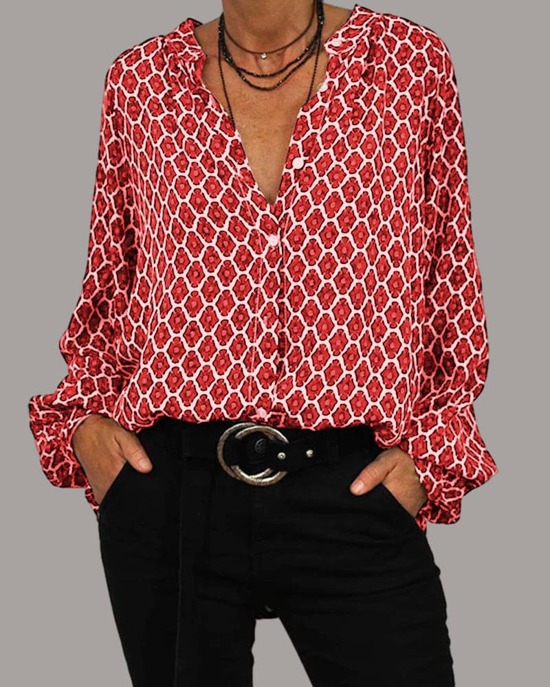 Paulina – Elegant Blouse with V - Neck - Red - XS
