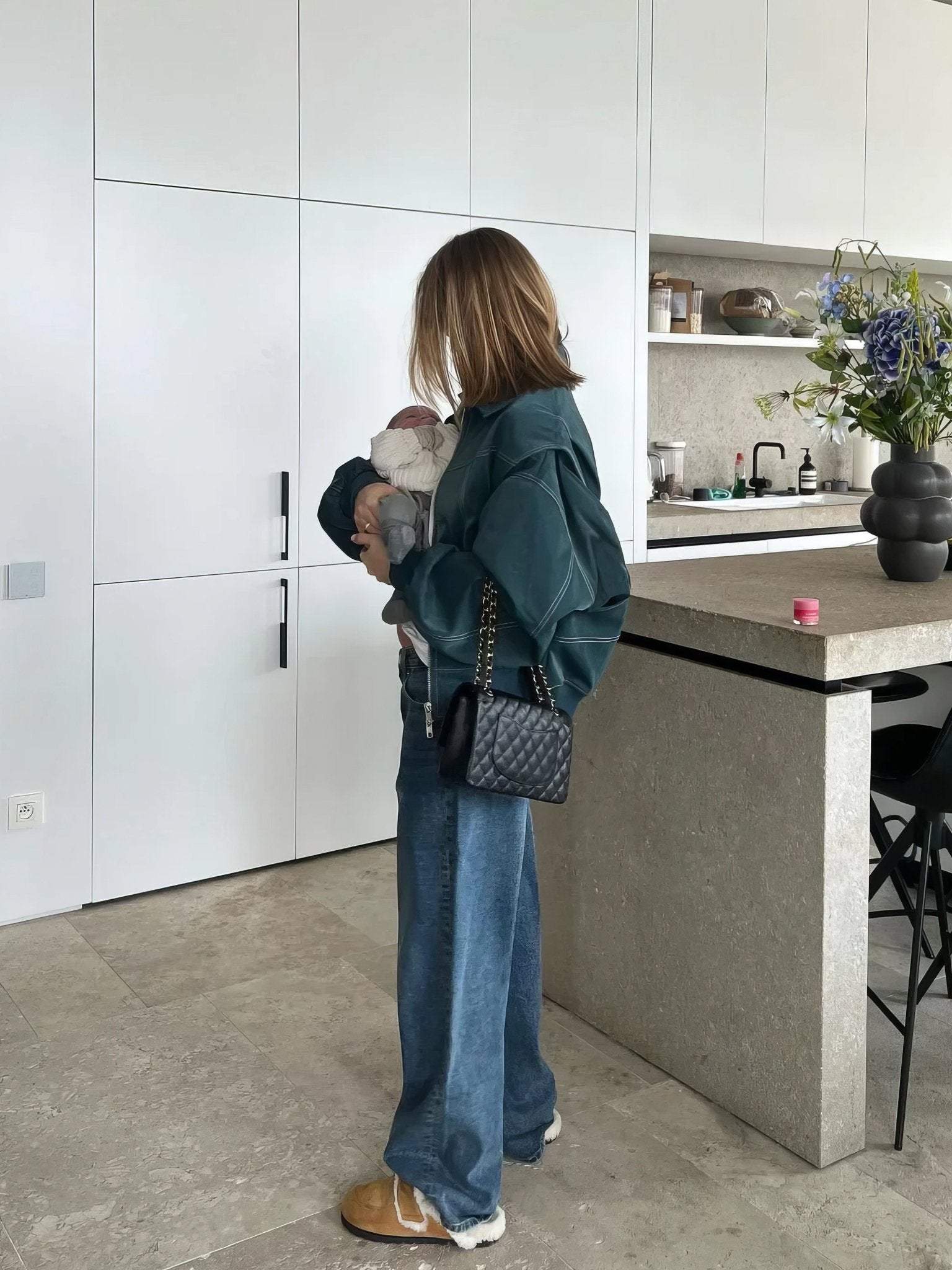 Romy – Oversized Leather Bomber Jacket - Blue - S