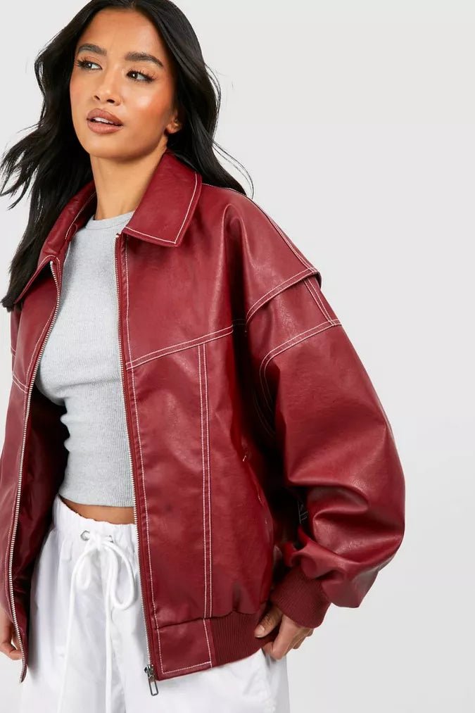 Romy – Oversized Leather Bomber Jacket - Red - S
