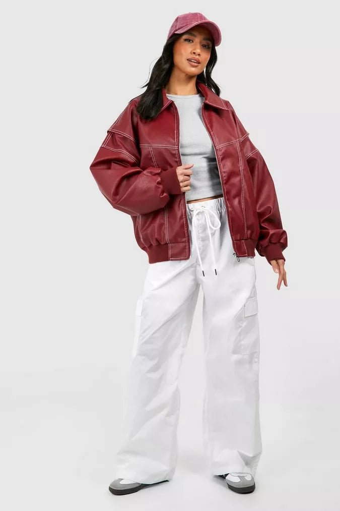 Romy – Oversized Leather Bomber Jacket - Red - S