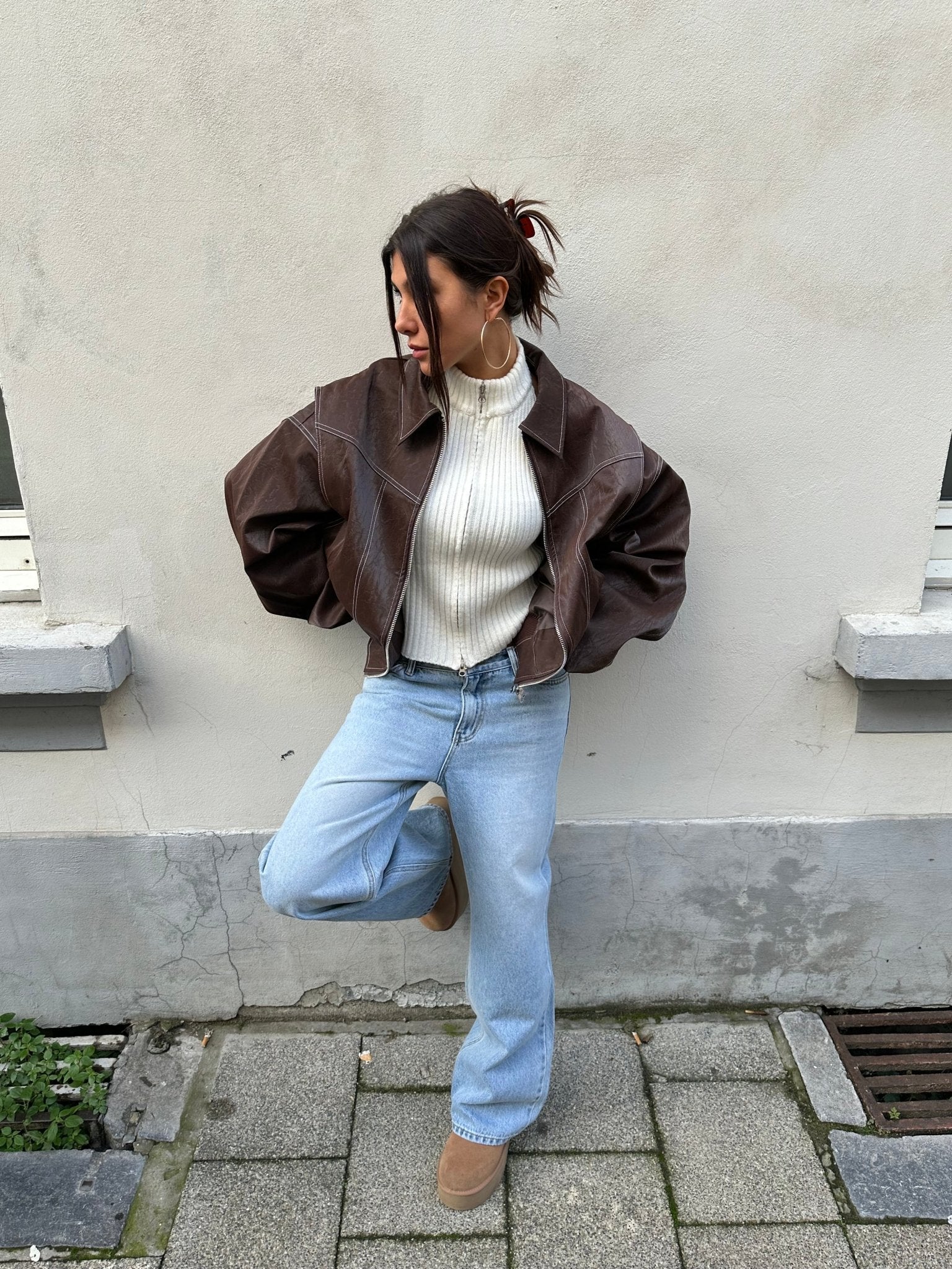 Romy – Oversized Leather Bomber Jacket - Brown - S