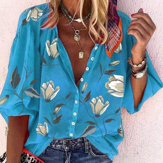 Sarah – Elegant Blouse with Floral Design & Comfort - Blue - S