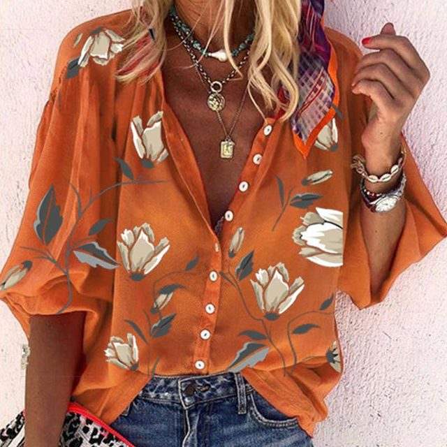 Sarah – Elegant Blouse with Floral Design & Comfort - Orange - S