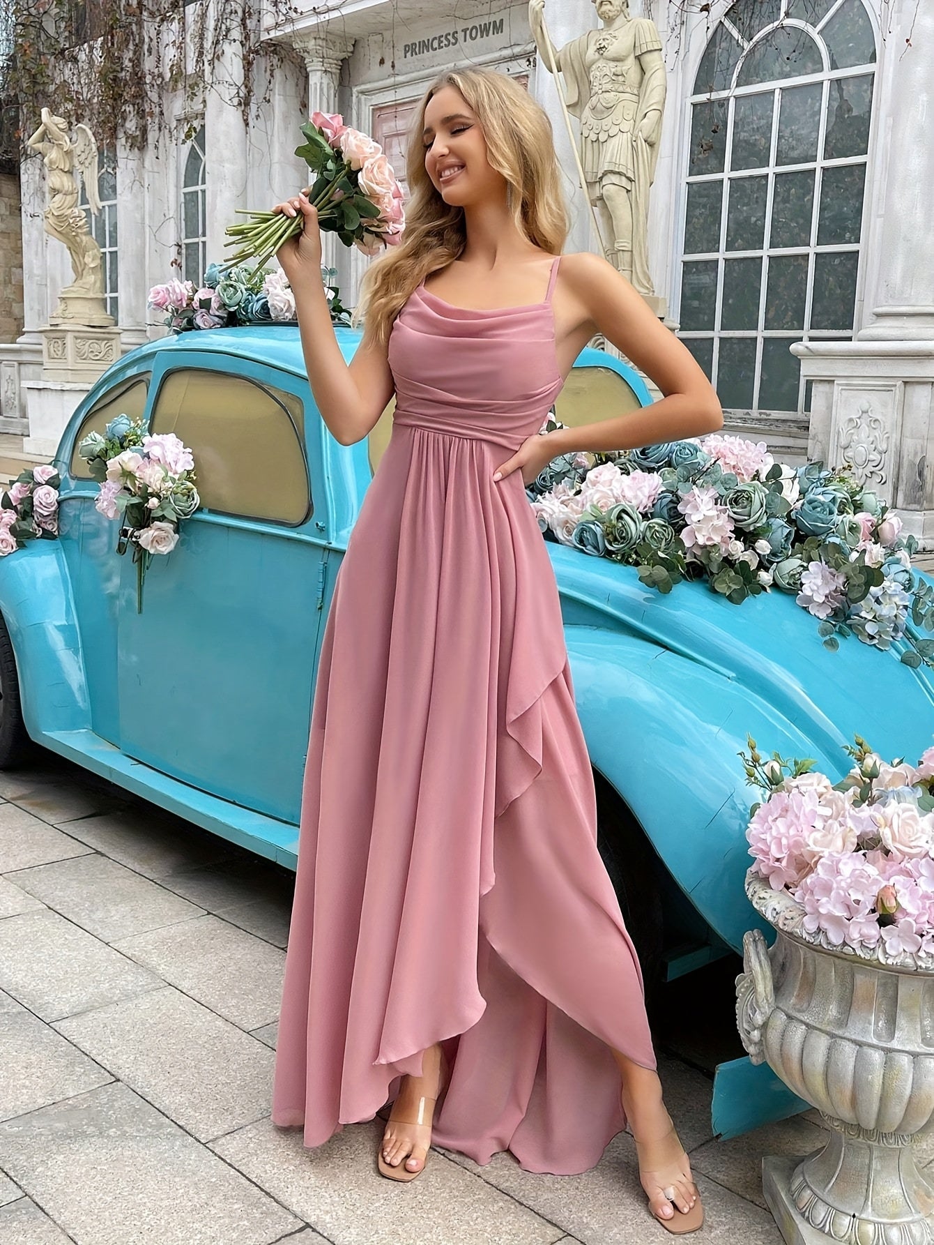 Theresa – Elegant Chiffon Bridesmaid Dress - Pink - XS