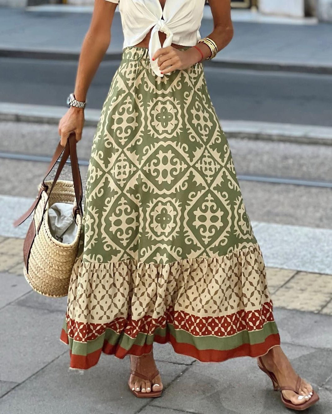 Zoe – Elegant Long Boho Skirt - Military Green - S